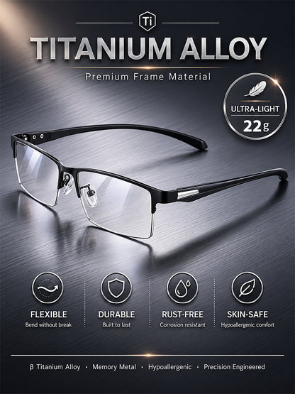 【Adaptive Smart Vision】👓Ultra-light Titanium Alloy Smart Photochromic Half-frame Reading Glasses- Instantly adapts to presbyopia, myopia & astigmatism. No eye exam!